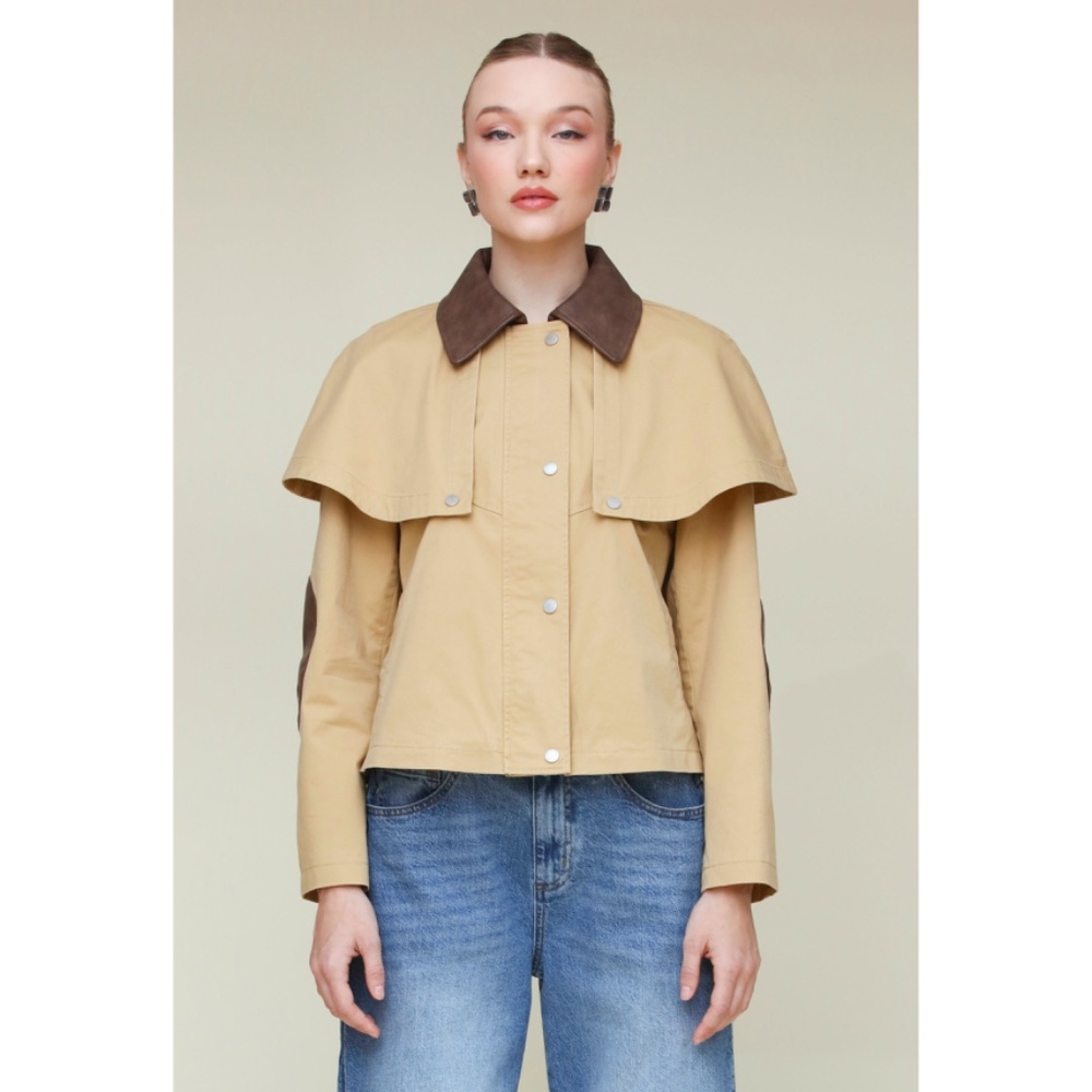 Last Chance! New Avec Les Filles Cotton Cape Faux Leather Trim Jacket Khaki - Picture 4 of 7